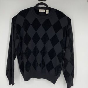 Black Argyle Crewneck Pullover Sweater Vintage Italy